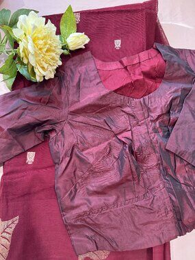Maroon woven cotton saree with zari work | Traditional wear